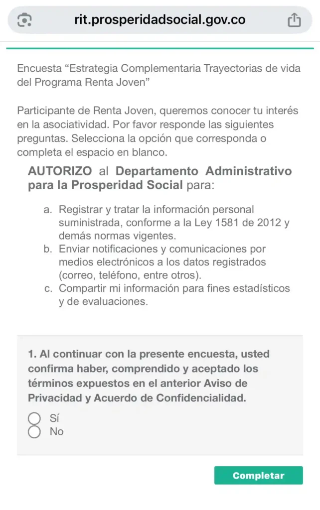 Beneficiario Renta Joven Formulario de la Estrategia Complementaria Trayectorias de Vida