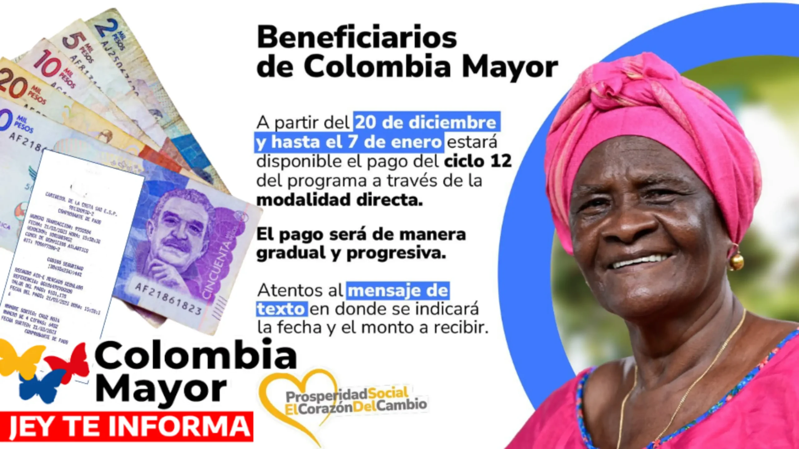 adulto mayor feliz, con billetes colombianos y tirilla de pago