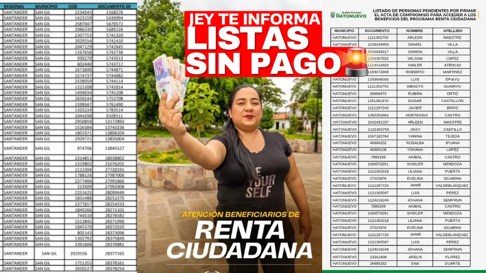 lisstados con nombres de beneficiarios y mujer con dinero colombia