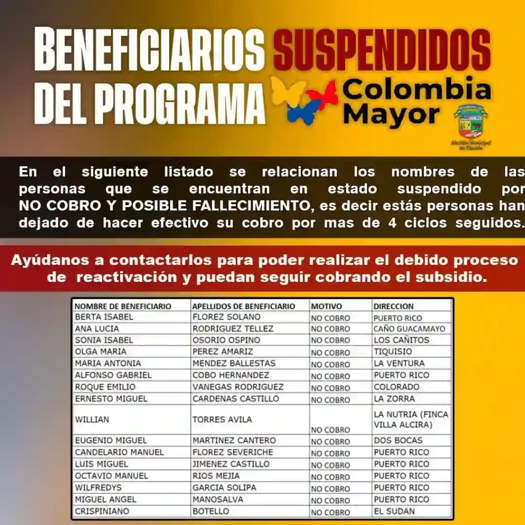 ¿Está su Nombre en la Lista de Suspendidos o Retirados del Subsidio Colombia Mayor? 5 beneficiarios Colombia Mayor suspendidos