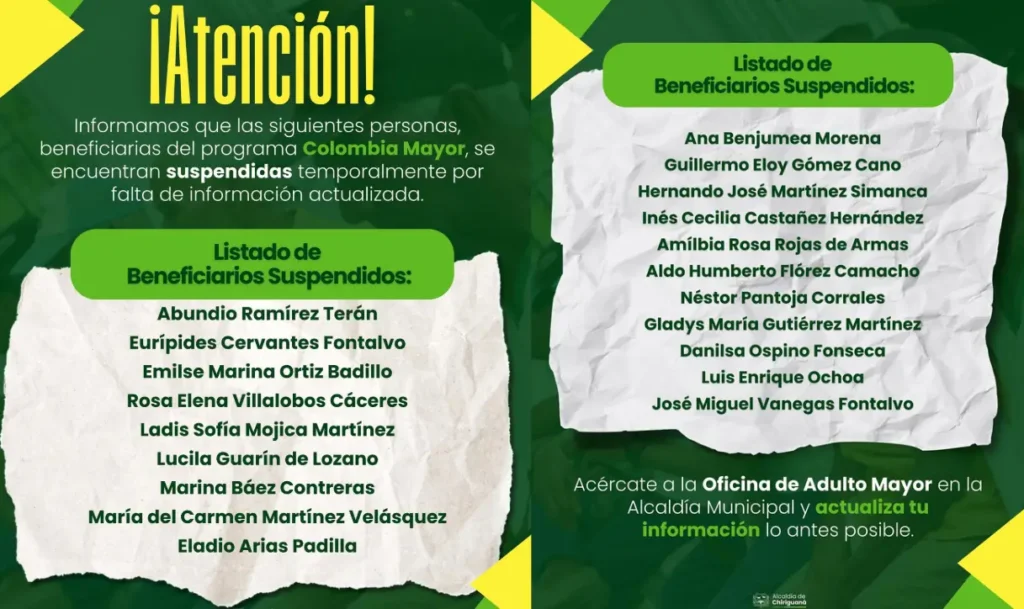 Urgente: Miles de Beneficiarios Suspendidos No Recibirán el Aumento de Colombia Mayor 5 Beneficiarios Suspendidos Adulto Mayor