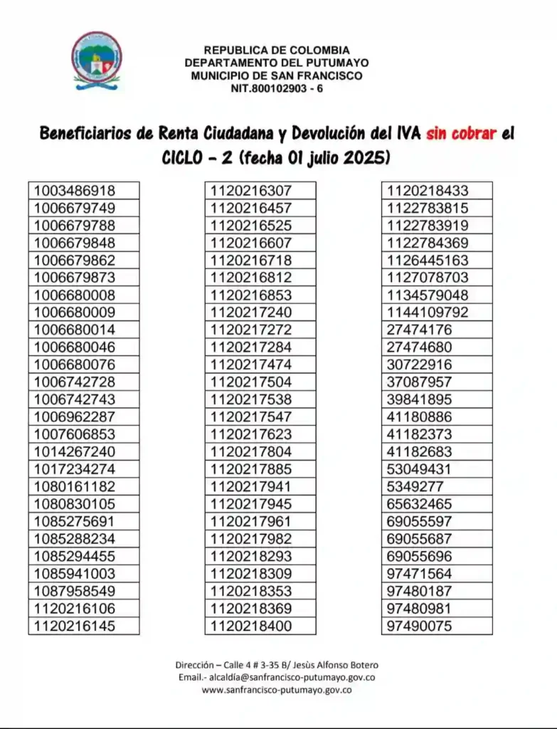 ¡Urgente! Beneficiarios por Cobrar la Ayuda Económica de 500 Mil Podrían Perderla 6 beneficiarios Renta Ciudadana y Devolucion del IVA alcaldia de Putumayo
