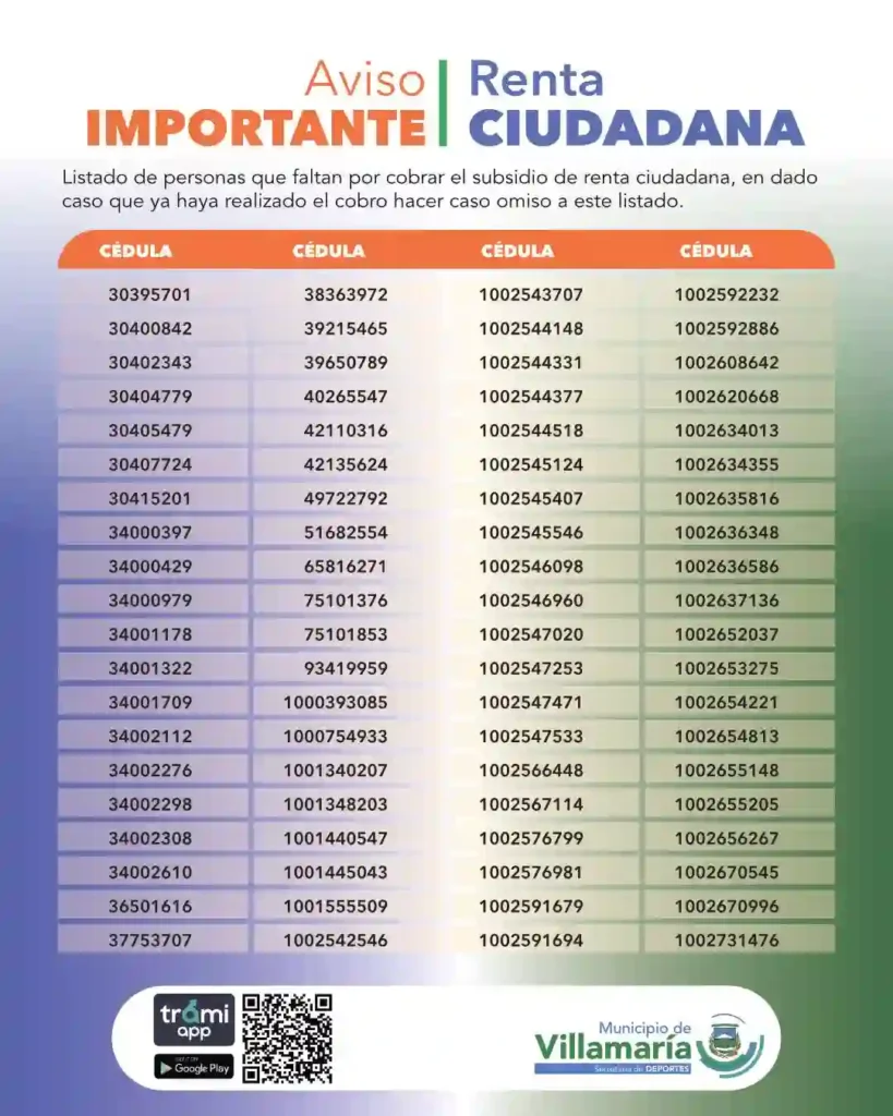 ¡Urgente! Beneficiarios por Cobrar la Ayuda Económica de 500 Mil Podrían Perderla 5 beneficiarios de Renta Ciudadana del Municipio de Villamaria Caldas