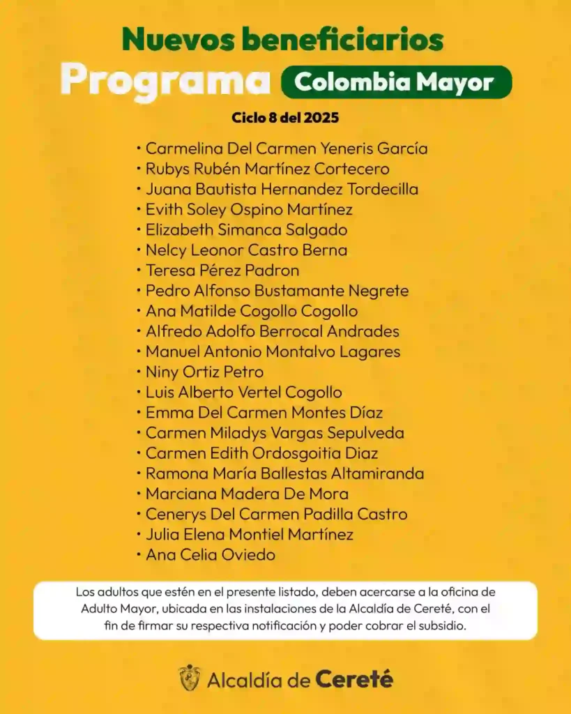 beneficiarios del subsidio Colombia Mayor Cordoba