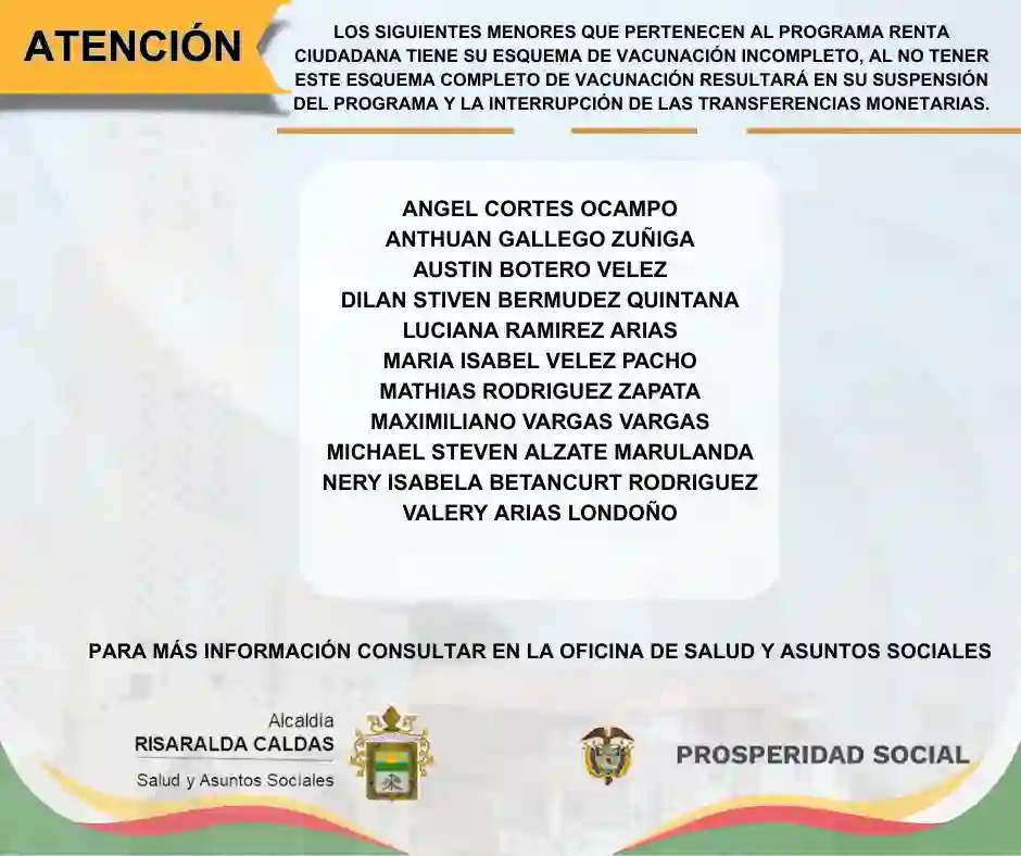incumplimiento de vacunación en Renta Ciudadana Risaralda Caldas