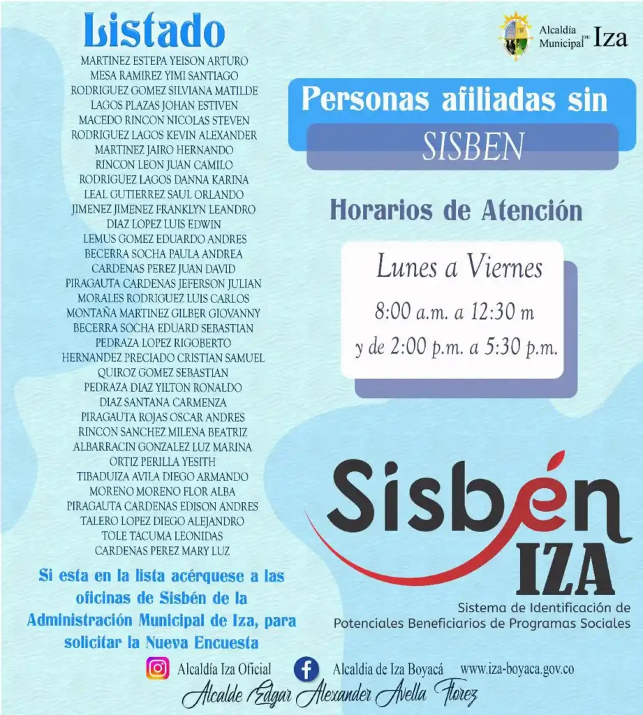 Lista de afiliados sin encuesta Sisbén IV: Consulta si estás incluido y qué debes hacer 6 listados de beneficiarios sisben Alcaldia de Iza Boyaca