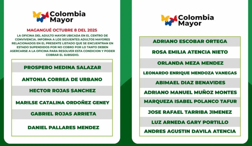 ¿Está su Nombre en la Lista de Suspendidos o Retirados del Subsidio Colombia Mayor? 3 retirados del subsidio Colombia Mayor Alcaldia Magangue