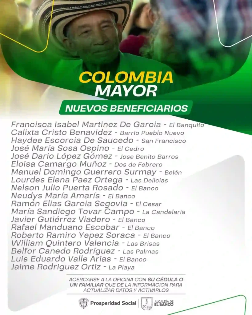¡Atención! Hacen oficial la entrada de nuevos beneficiarios Colombia Mayor en noviembre 3 Alcaldia de El Banco Magdalena Beneficiarios Colombia Mayor