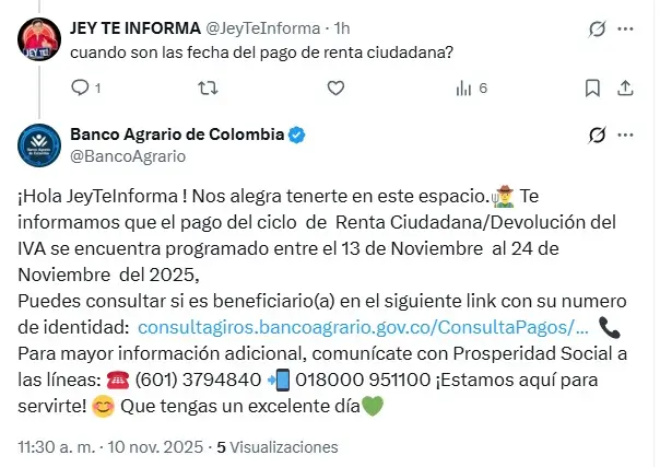 Banco Agrario confirma fecha oficial de pagos Renta Ciudadana y Devolución del IVA 2 Fecha oficial de pagos Renta Ciudadana y Devolución del IVA