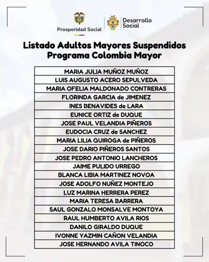 Suspendidos por no cobro Colombia Mayor: la lista que dejará por fuera a miles de adultos mayores 4 Suspendidos por no cobro Colombia Mayor 1