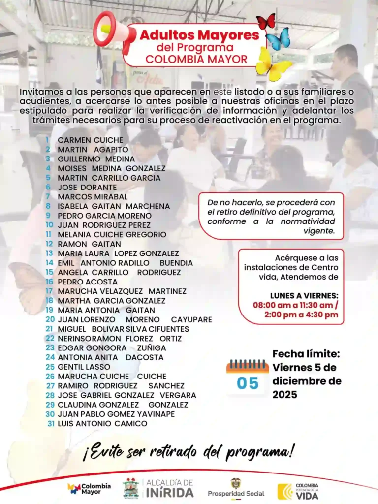 Suspendidos por no cobro Colombia Mayor: la lista que dejará por fuera a miles de adultos mayores 5 suspendidos Colombia Mayor Guainia