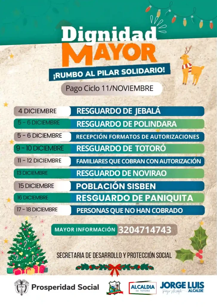 Cronograma pico y cédula en diciembre: consulta el día de pago del subsidio Colombia Mayor 10 Alcaldia de Totoro Colombia Mayor