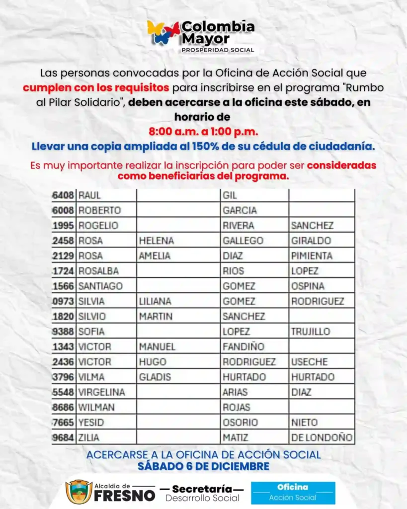 ¡Atención! Están por cerrar las inscripciones para el subsidio económico mensual de $230.000 COP 7 subsidio economico mensual Alcaldia Fresno Tolima
