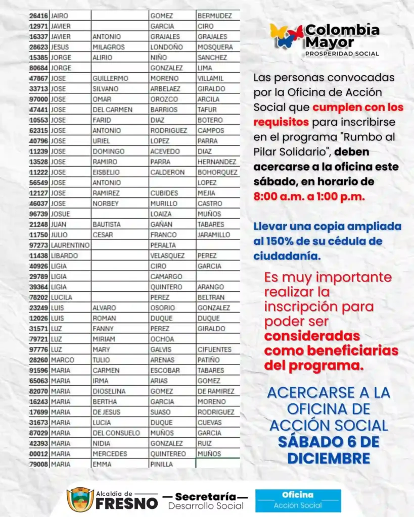¡Atención! Están por cerrar las inscripciones para el subsidio económico mensual de $230.000 COP 9 subsidio economico mensual Alcaldia Fresno Tolima Colombia Mayor