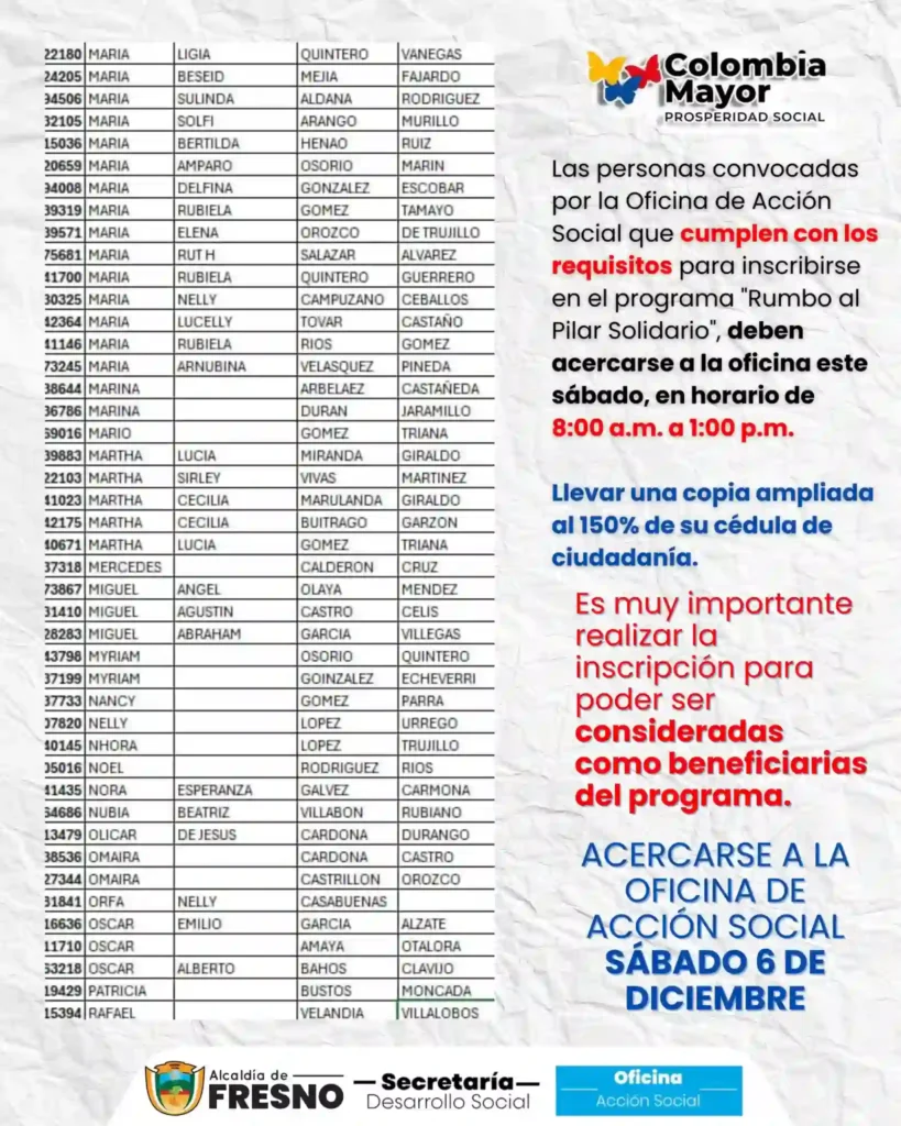 ¡Atención! Están por cerrar las inscripciones para el subsidio económico mensual de $230.000 COP 8 subsidio economico mensual Alcaldia Fresno Tolima adulto mayor