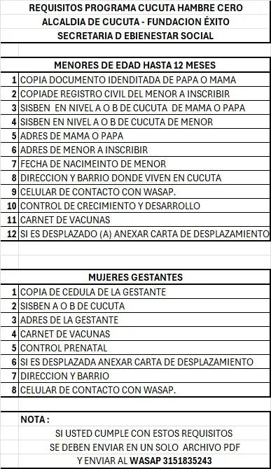 Requisitos para el programa de madres gestantes y lactantes.