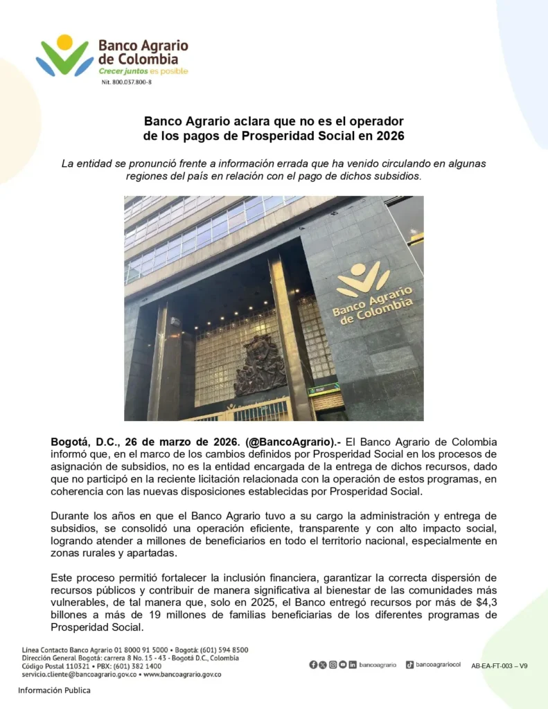 En este departamento suspenden pagos de subsidios: por bloqueo de cuentas deja a beneficiarios sin ayudas 4 Comunicado Banco Agrario page 0001