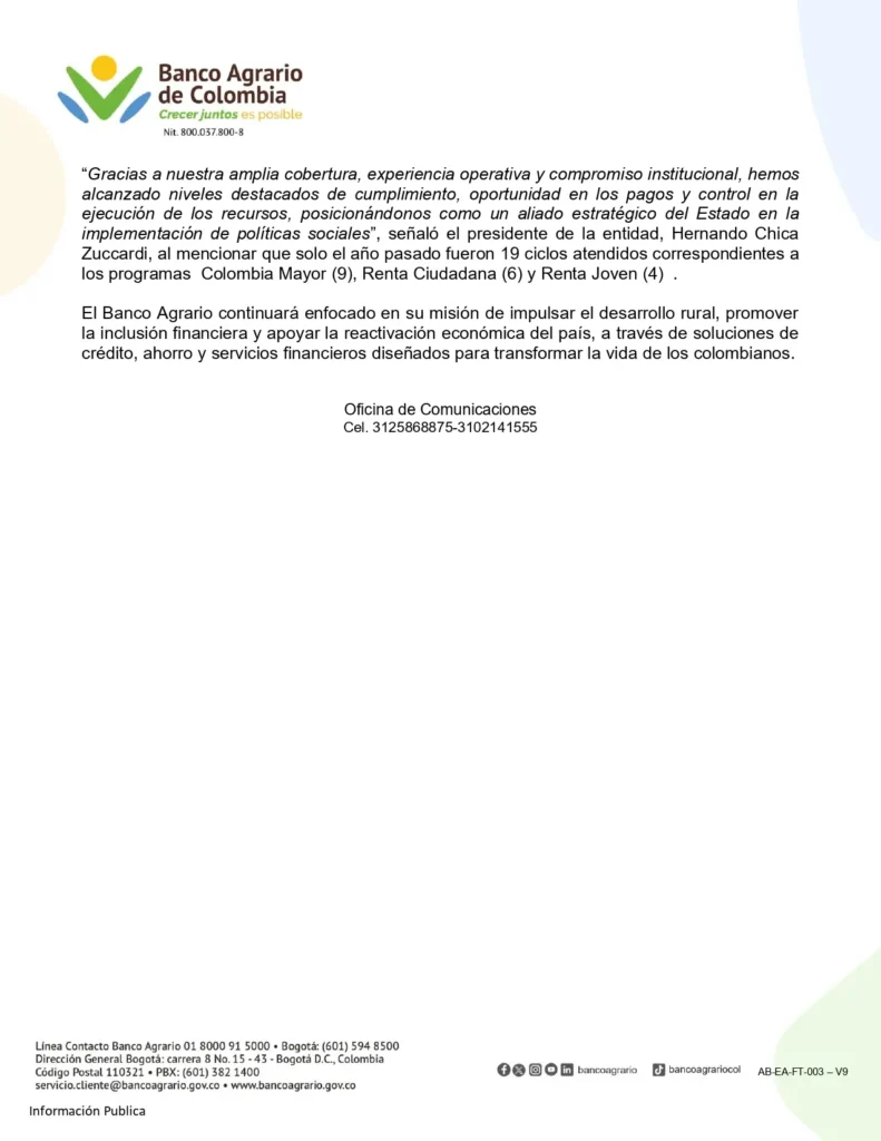En este departamento suspenden pagos de subsidios: por bloqueo de cuentas deja a beneficiarios sin ayudas 5 Comunicado Banco Agrario page 0002