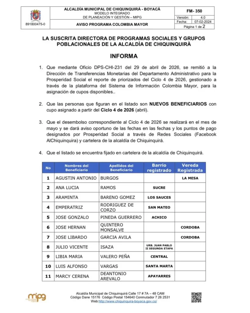 1 nuevos beneficiarios Alcaldia Municipal de Chiquinquira Boyaca