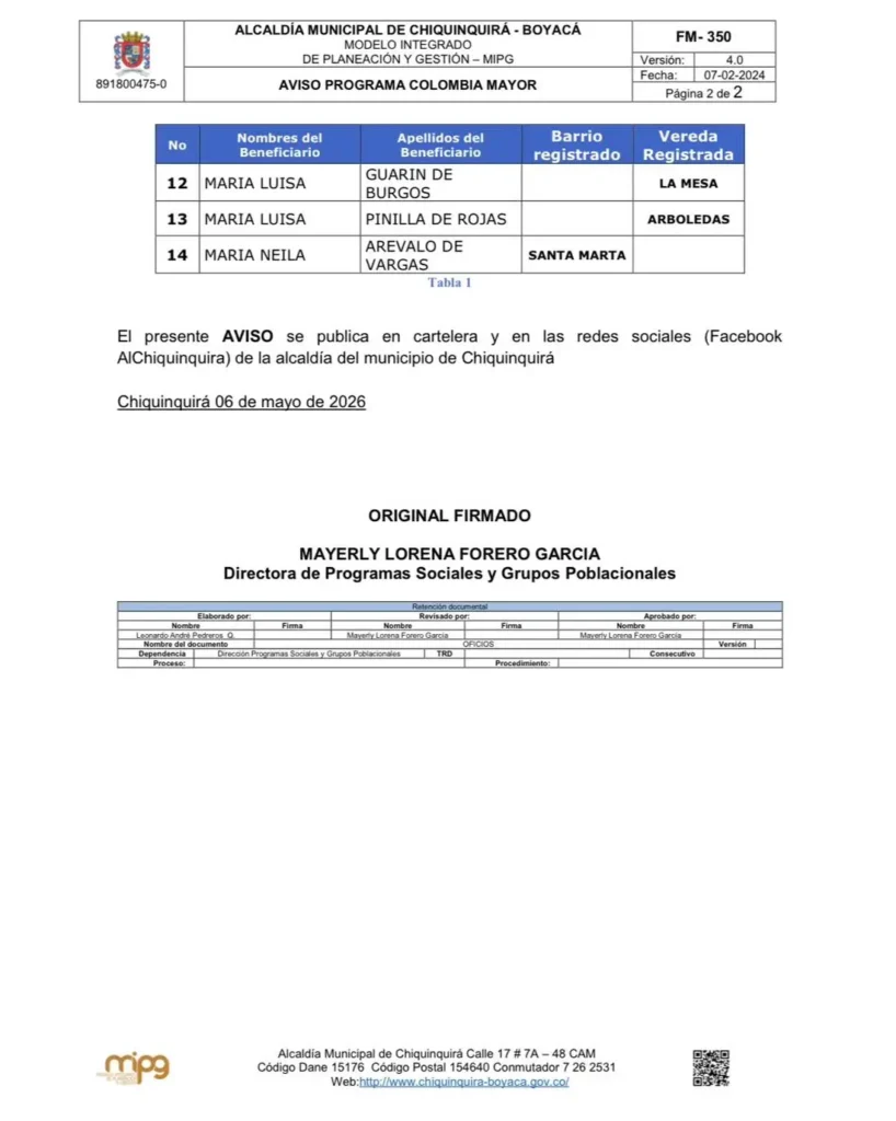 2 nuevos beneficiarios Alcaldia Municipal de Chiquinquira Boyaca