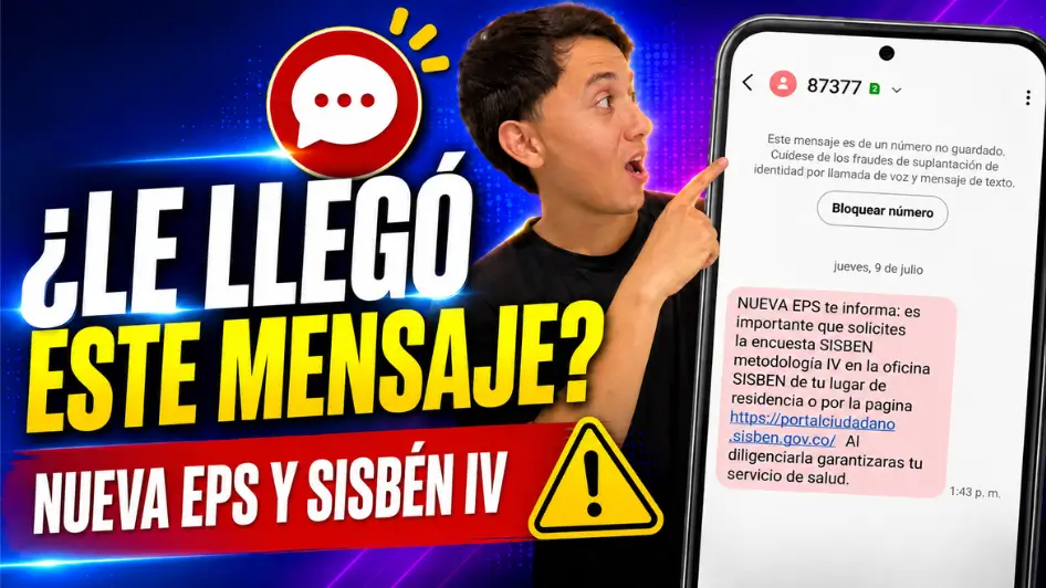 Mensaje de Nueva EPS sobre Sisbén IV enviado desde el número 87377 a algunos afiliados.