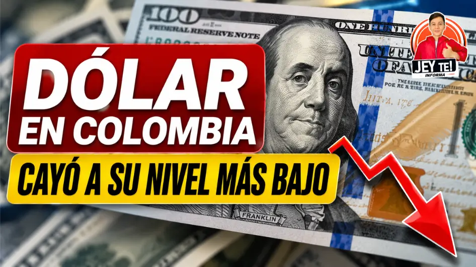 Precio del dólar en Colombia cayó a su nivel más bajo, representado con un billete de 100 dólares y una flecha descendente.